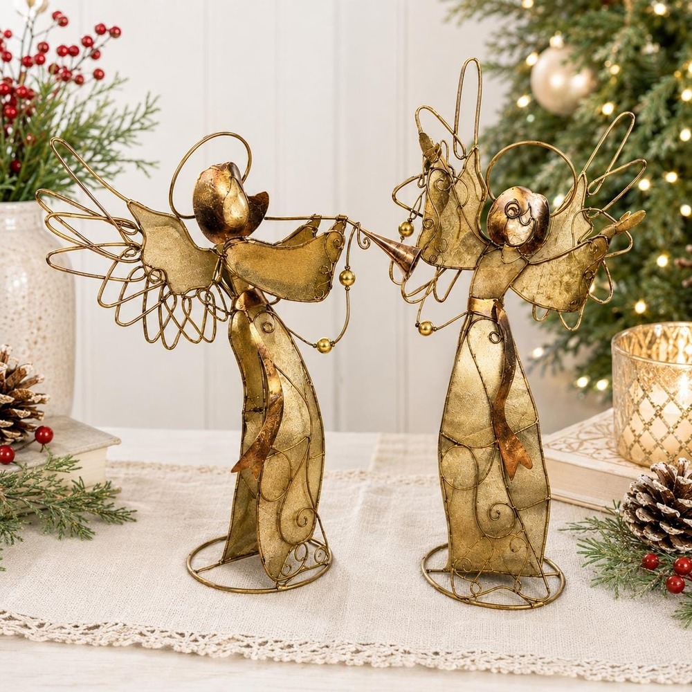 VTG Christmas Angel Figurines Set of 2 Gold Wire Folk Art Music Holiday Decor